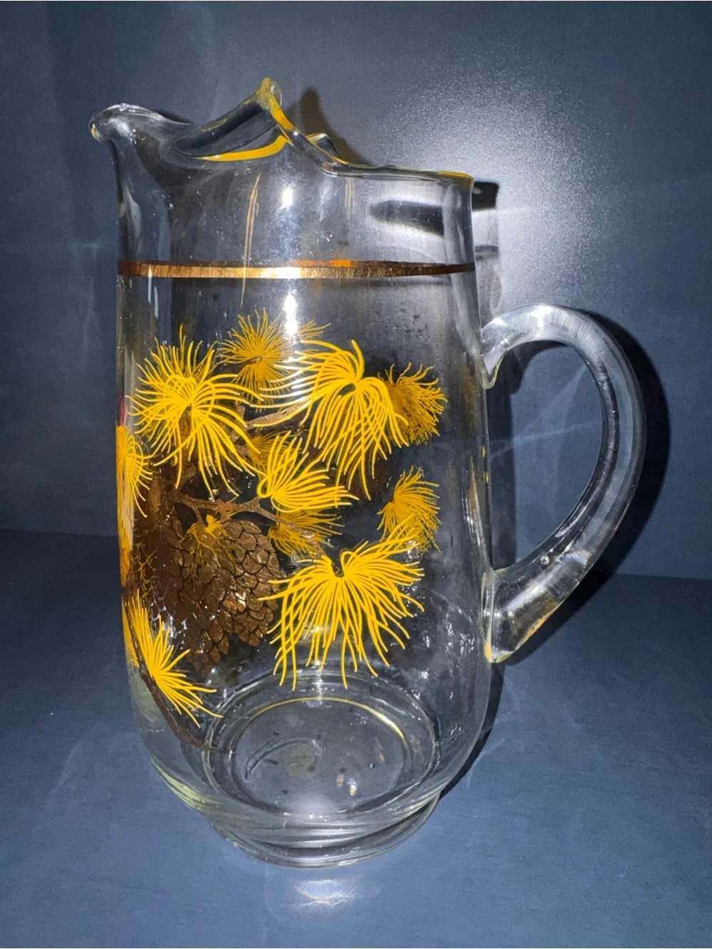 MCM Clear Glass Pitcher with Yellow Pinecone Motif